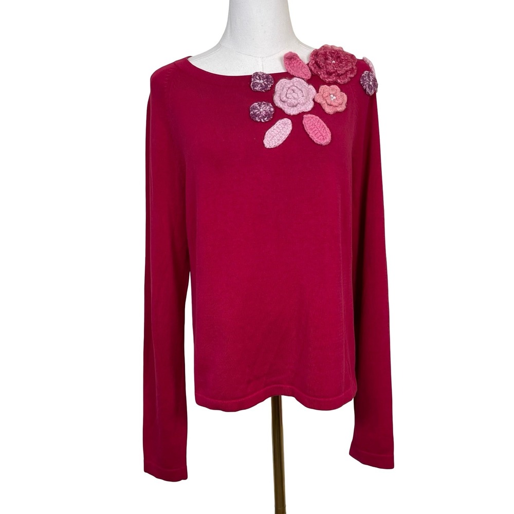 Vintage Prima Bella Crochet Floral Sweater Women S Magenta 3D Flowers Y2K Whimsy